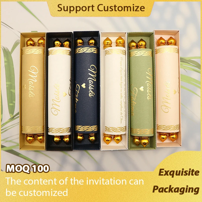 Nicro Creative Design Royal Style Gold Foil Stamping Unique Box Tassel Packing Paper Scroll Rolling Wedding Invitation Cards