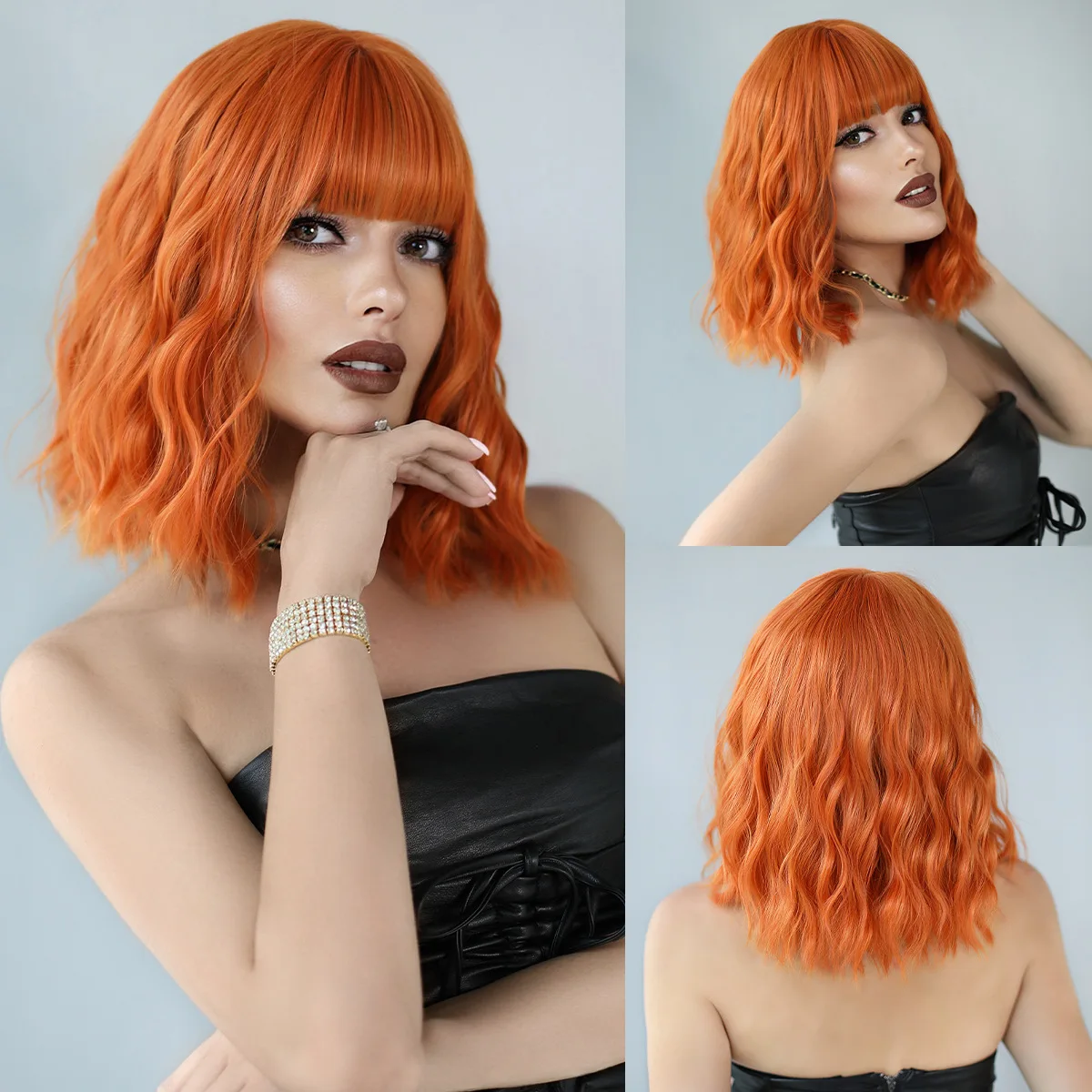 incohair 14 Inches Dark Orange Wig with Bangs Women Girls Short Curly Wavy Bob IncoHair 14 Dark Orange Wig with Bangs - Short Curly Wavy  main image 4