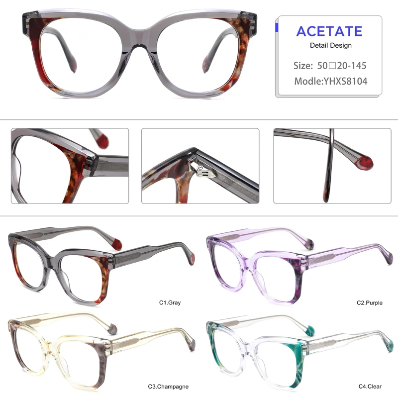 WYH-YHXS8104 New Fashion Acetate Laminating Square Eyeglasses Frames for All Face Spectacles Eyewear with Hinge Insert Temple