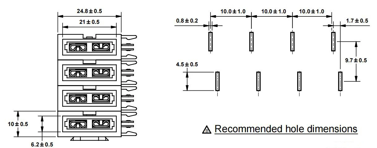 Double Triplet Tetrad PCB Mount Blade Fuse Holder with PA66 Material and Brass Terminal for Automotive Applications