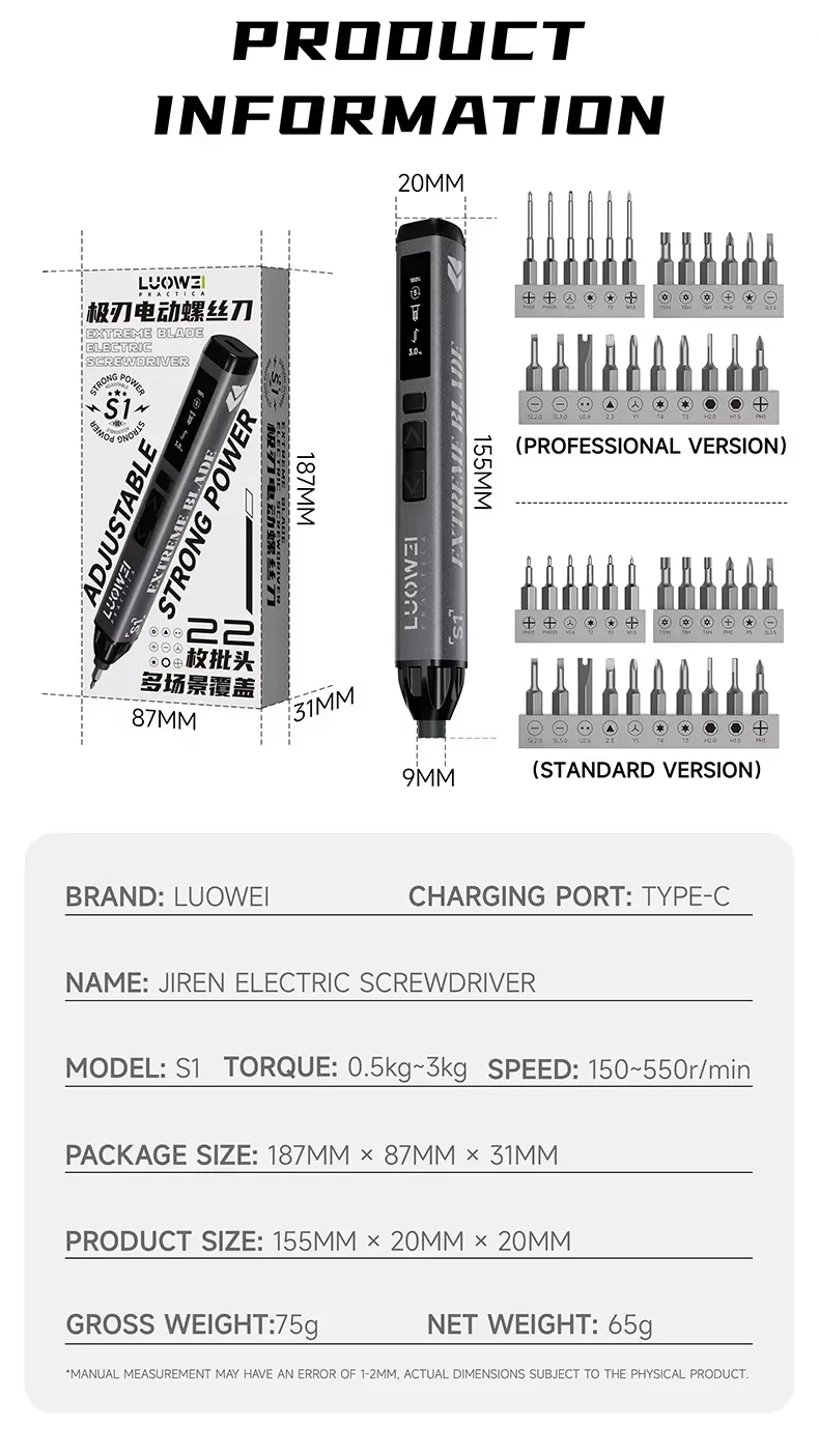 LUOWEI S1 Pro Precision Electric Screwdriver Set 22 Bits Adjustable Type-C Rechargeable Tool for Phone Repair