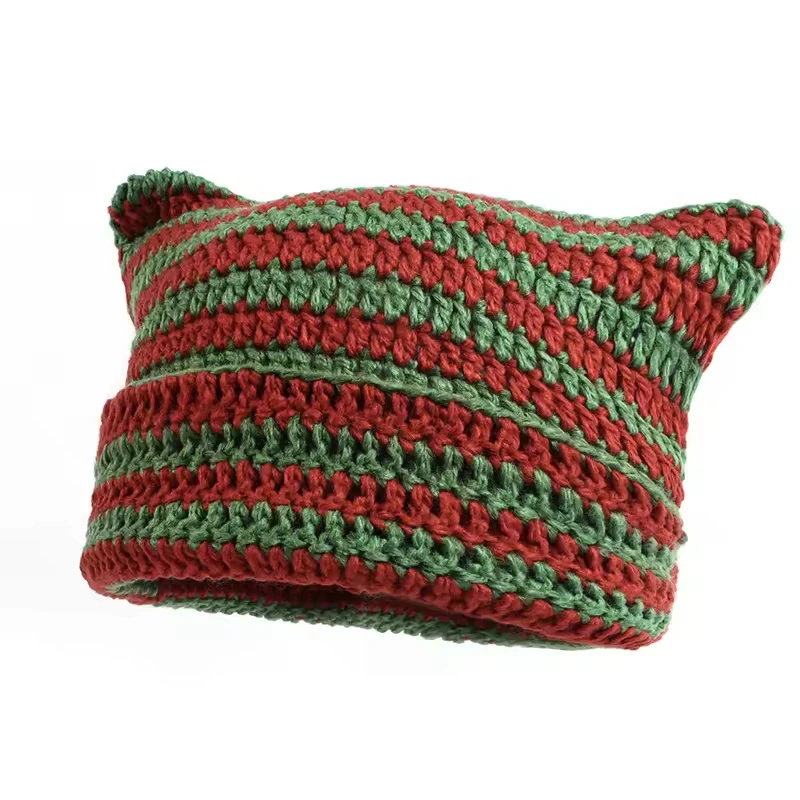 Bonnet rayé diable personnalisé, 100 % laine tricotée, orné d'adorables oreilles de chat brodées en 3D, idéal pour l'automne._voghion.com