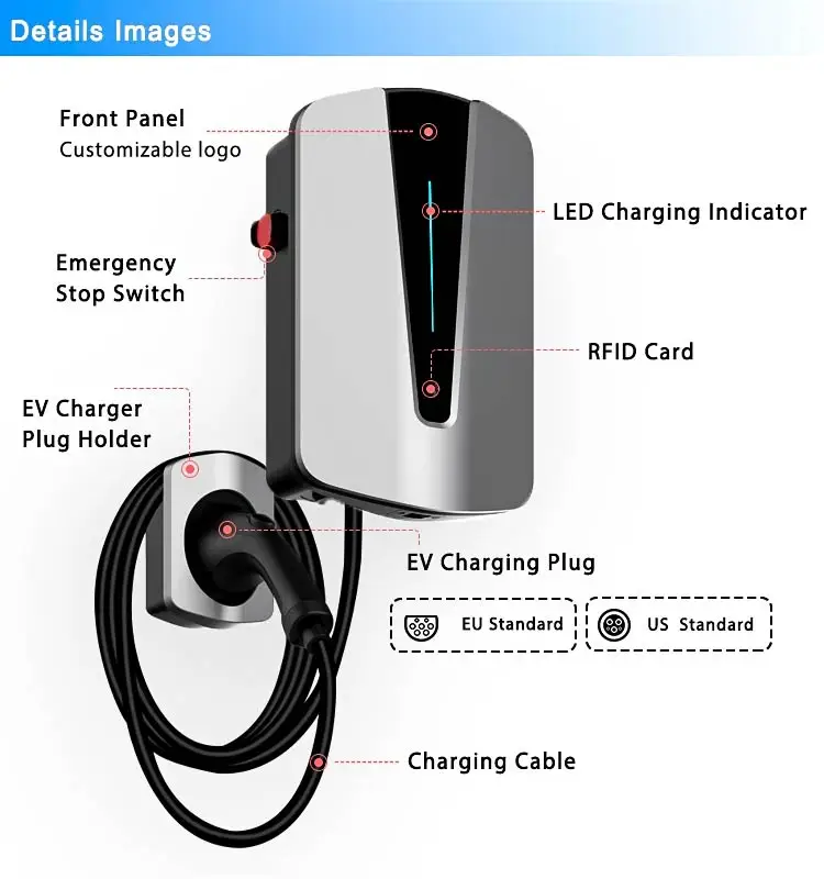 Type 2 16A 32A 7KW 11KW 22KW EV Charger Screen Display Adjustable Current Wallbox EV Charger for car factory