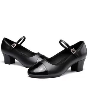 Women's Middle Heel Cowhide Square Dance Shoes Soft-Soled Latin Dance Shoes Adult Indoor Outdoor Stage Performance Shoes