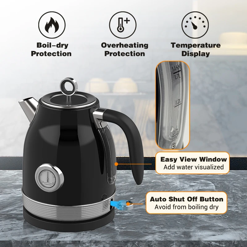 Electric Tea Kettle, 1.7L Hot Water Boiler with Thermometer, 1800W