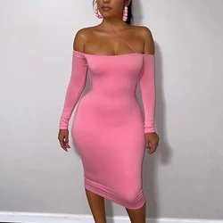2021 Arrivals Women Off The Shoulder Dress Blank Long Sleeve Knee Length Sexy Night Club Dresses