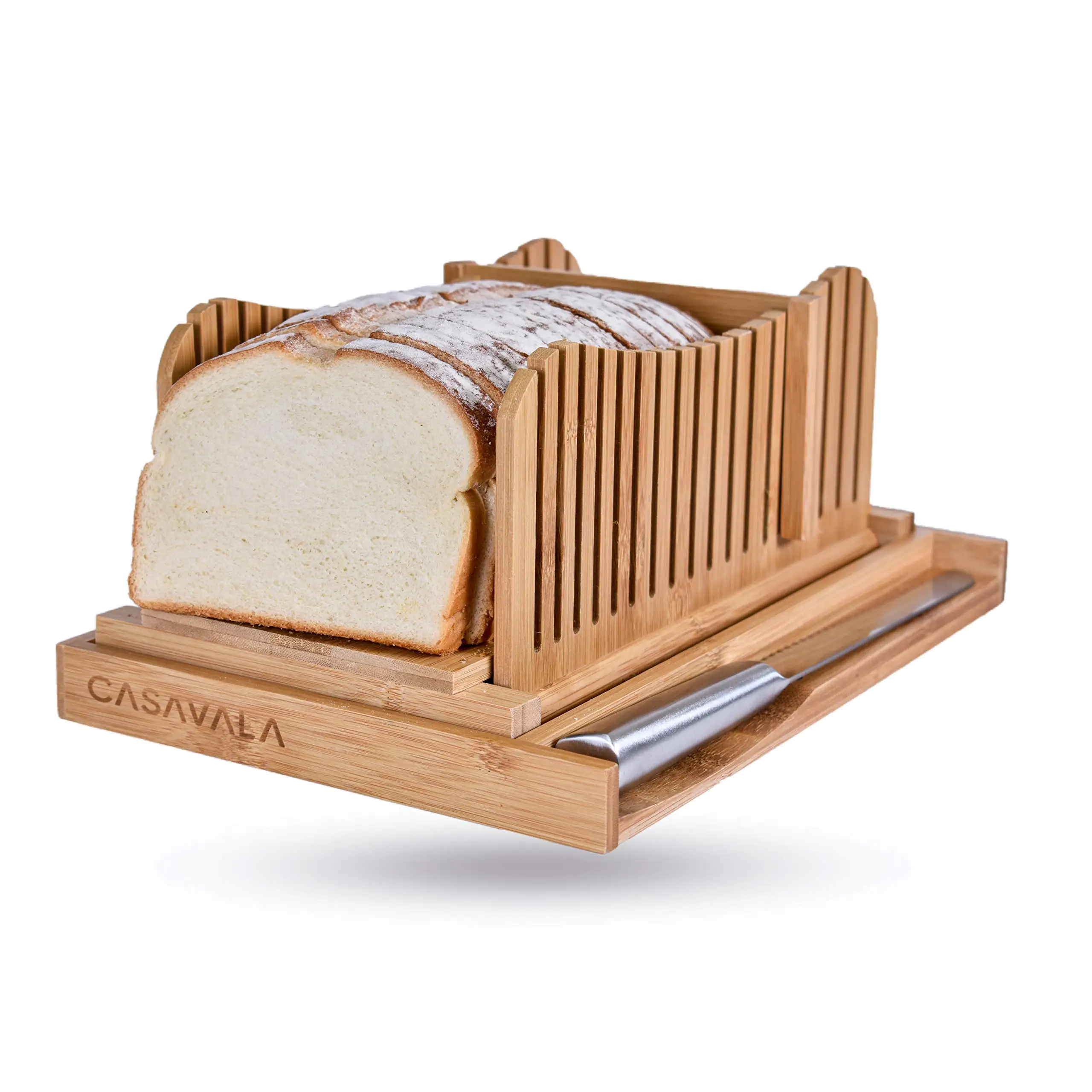 Kitchen Seven Bamboo Bread Slicer with Crumb Tray Bamboo Bread Cutter for  Homemade Bread, Loaf Cakes, Bagels Slicer, 3 Slice Sizes, Adjustable