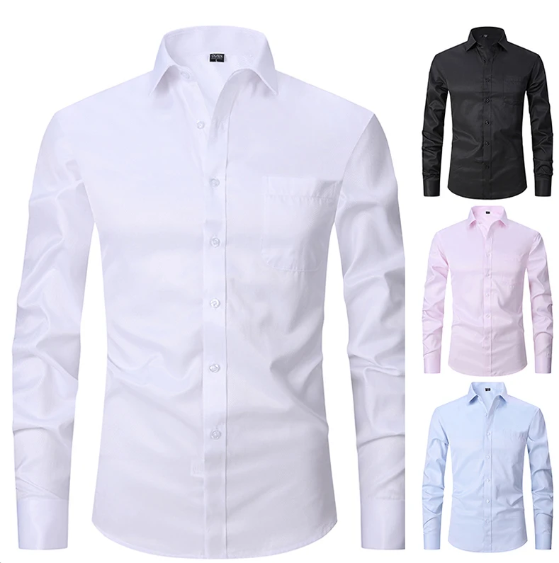 Men Formal Solid Office White Shirt Long Sleeve Cotton Dress Shirts ...