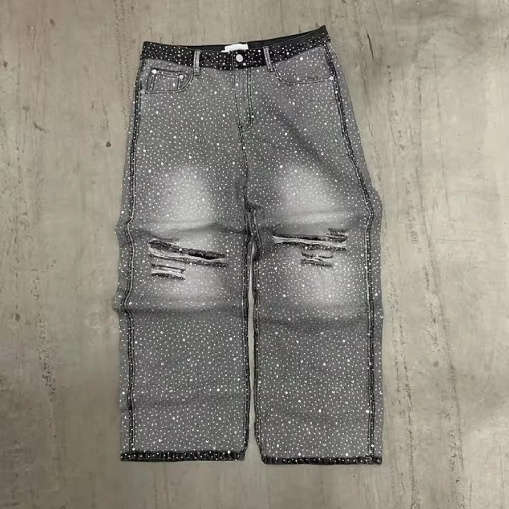 Custom High Winter Destroy Wear Wide-leg Jeans Baggy Inside Out Stitching Hip Hop Jeans Y2k Ripped Rhinestones Men Jeans gallery 4