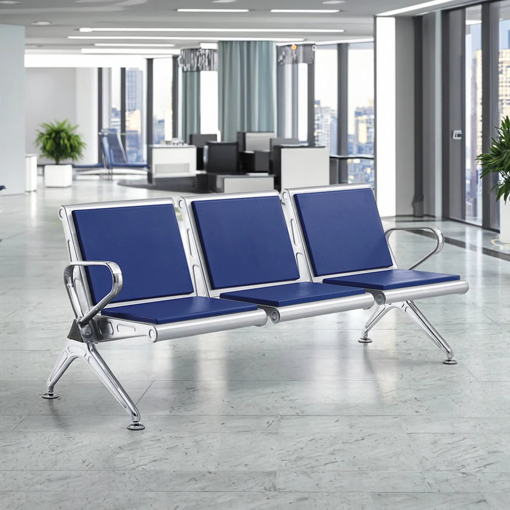 Wholesale Blue Waiting Room Chairs 3 Seats PU Leather Seat Cushion Stainless Steel Waiting Chairs for Airports Hospitals 4