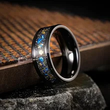 Factory Hot sale fashion men rings 8mm blue gold Foils inlay black tungsten Ring for man wedding ring Beveled Edge