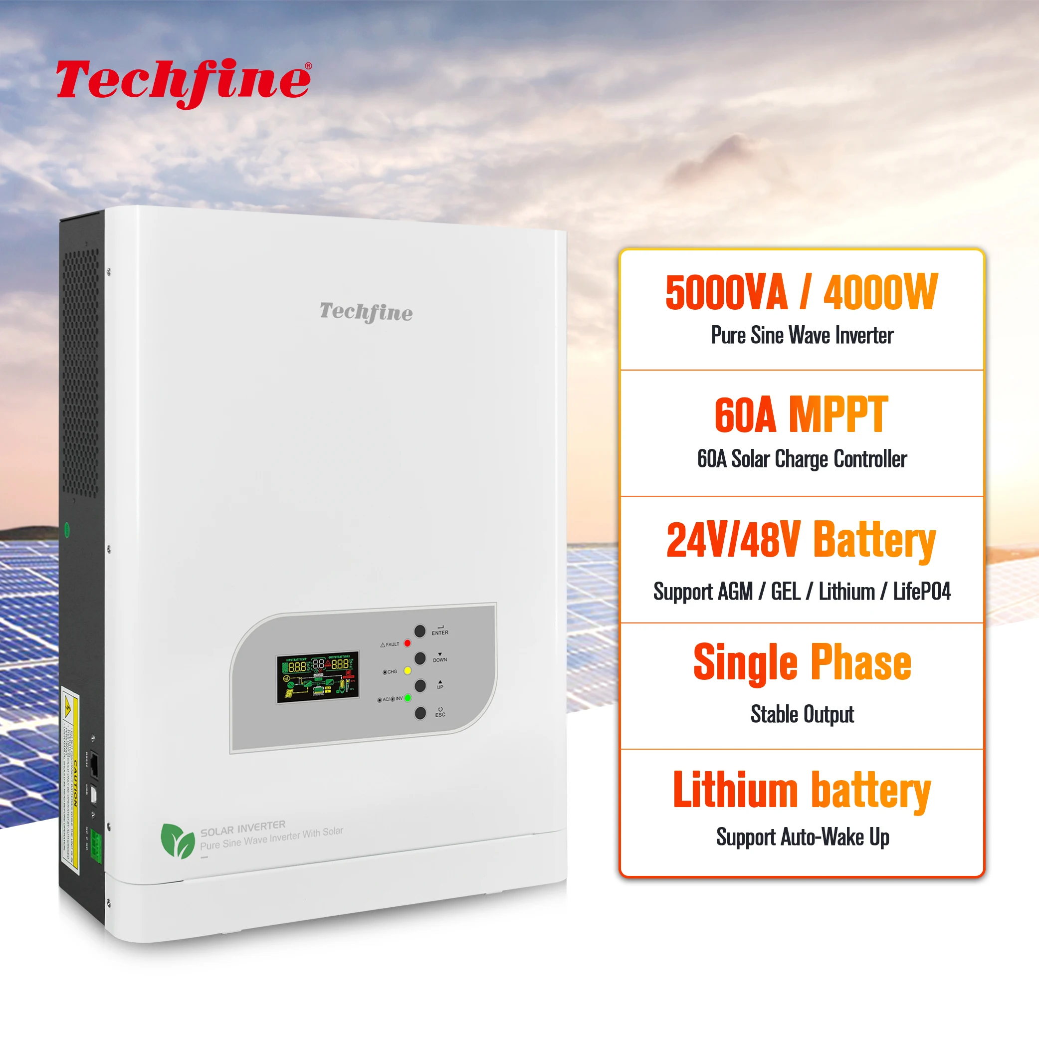 Techfine 24V 48V Solar Inverter 1KVA 2KVA 3KVA 3.8KVA 5KVA Off Grid ...