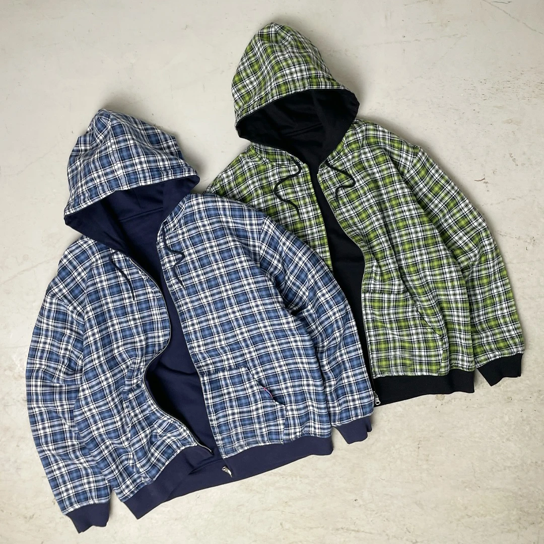 Custom Reverse Style Double Layer Flannel Plaid Hoodie for Men Vintage Oversized Fit Reversible Weave Hooded Collar for Winter