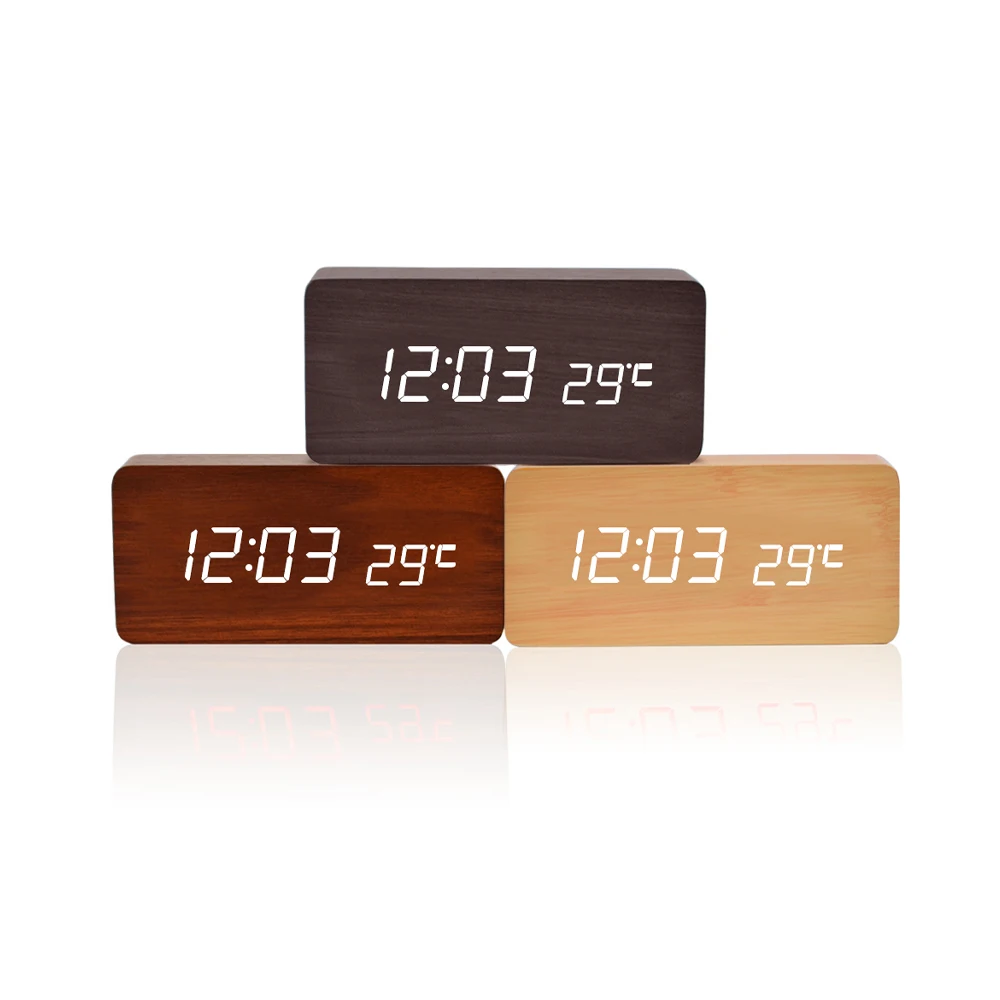 Custom Personalized Logo Led Digital Calendar Day Rectangle Multifunction Snooze Light Wooden Craft Alarm Clock