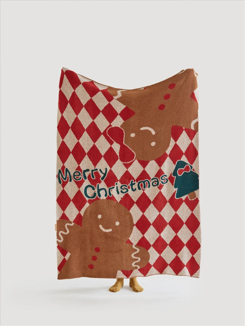 Christmas Gingerbread Man checker  100% microfiber yarn double side super cozy knit blanket manufacture