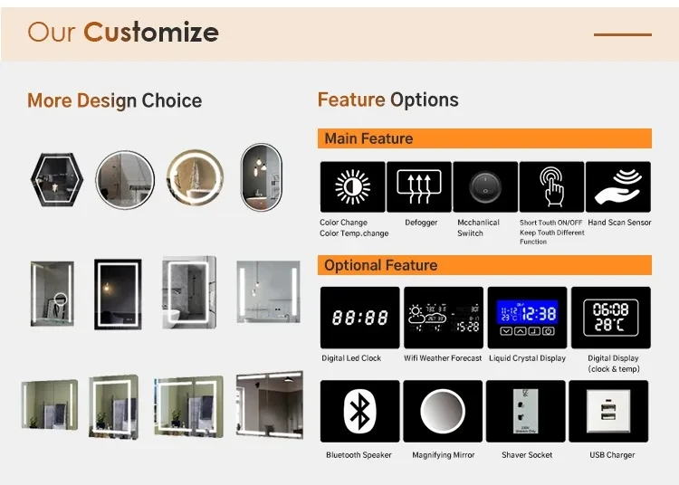 Hotel  handwashing bathroom LED makeup smart mirror defogging custom hanging wall led mirror bathroom manufacture