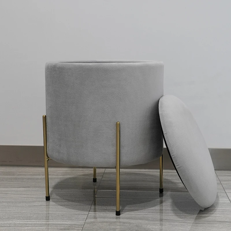 HStex Furniture New Sale Round Seated Footstool Velvet Gold Metal Legs Chairs Gray Ottoman Stools