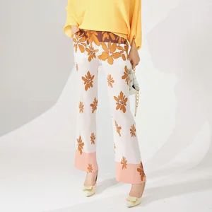High Quality Women's Casual Pleated Pants Summer Season Loose Elastic Printed Gradient Straight Pants Personality Temperament