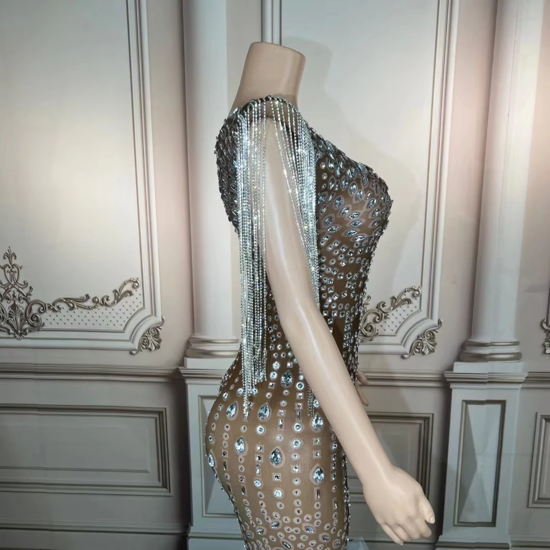 AD1441 Kimshein Luxury Transparent Diamond Fashion Tassel Sleeveless Mesh  Ball Gown Dress Women Evening for Beauty Pageant
