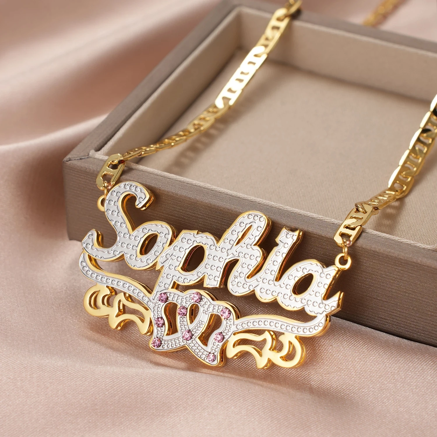 Custom Name Pendant 18K Gold Plated Double Layer Necklace - Technical View