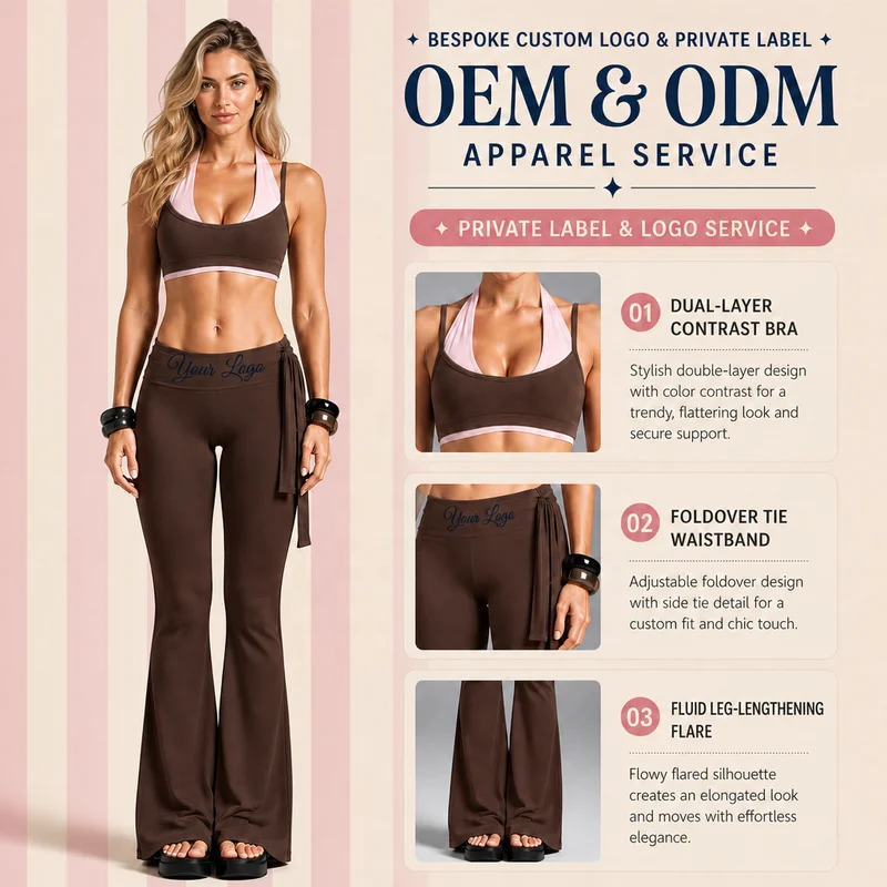 Quick Dry Yoga Set Color Block Halter Double Layer Sports Bra Self Tie Waist Flare Pants 2 Piece Fitness Outfit