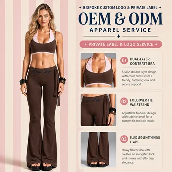 Quick Dry Yoga Set Color Block Halter Double Layer Sports Bra Self Tie Waist Flare Pants 2 Piece Fitness Outfit
