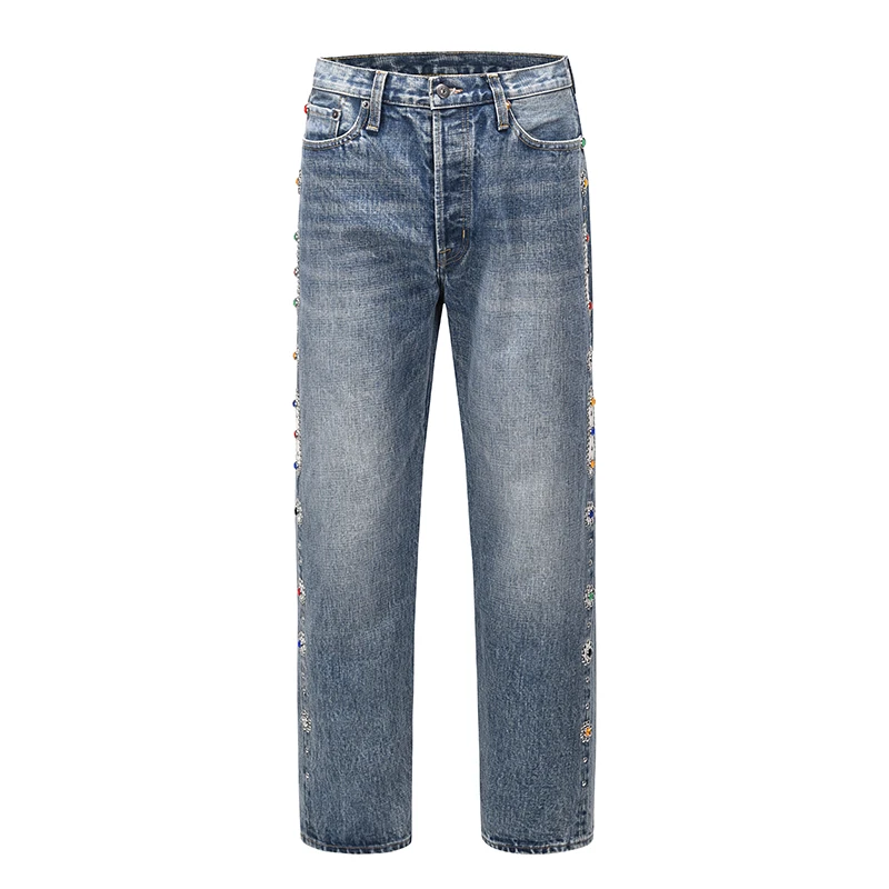 DiZNEW Rhinestone Jeans Fashion Small Size China Factory Stone Nice Quick Bule Drilling Rainbow Cloth Jewel Pants manufacture