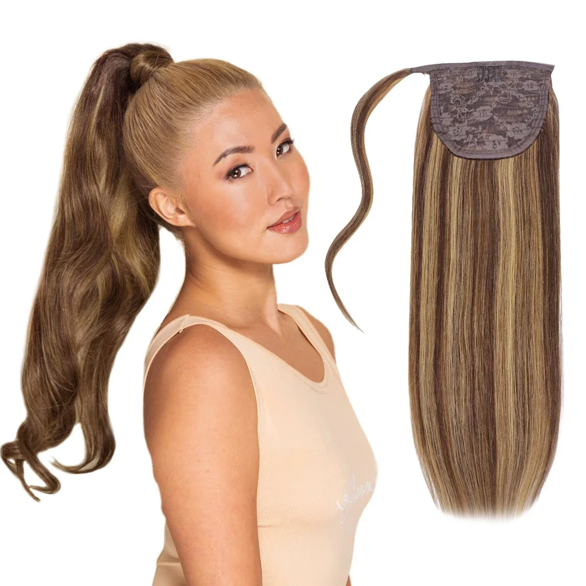 Highlight Ponytail Extensions 100% Real Human Hair Wrap Around Clip In PonyTail P4/27 Color Human Hair Extensions For Women_voghion.com