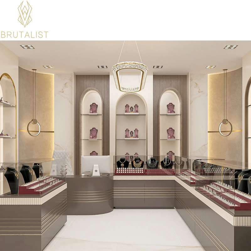 Custom Modern Luxury Jewelry Shop Interior Design Gold Counters with  Tempered Glass LED Lighting Jewellery Showroom