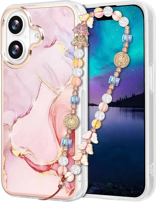 Laudtec Slim Fit Glitter Cute Case for iPhone 16 with Pearl Phone Charm Lanyard Wrist Strap Shockproof Hard Protective Case