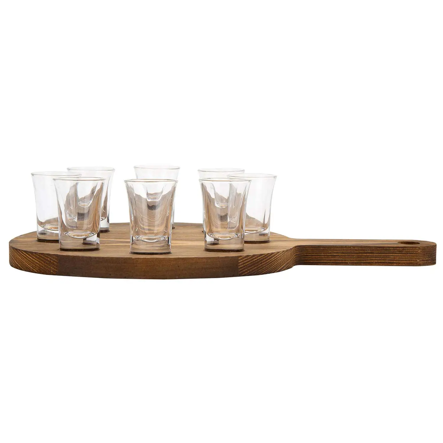 8 Shot Glass Set with Dark Brown Burnt Wood Paddle Holder Server