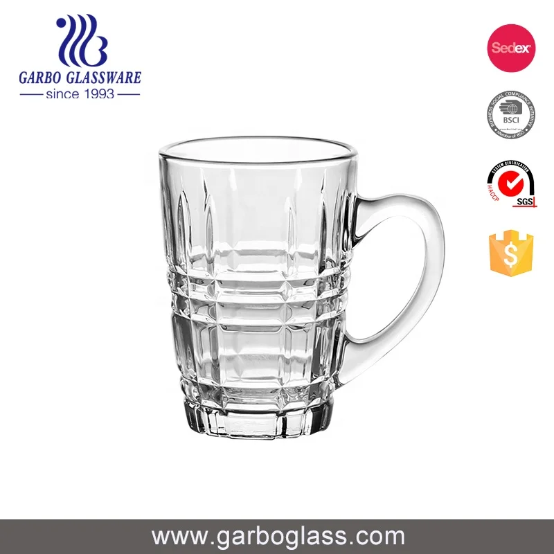 220ml Clear New Design glassware Machine Pressed 8oz Engraved Round Shape Mixing Mould Handle Glass Tea Mug