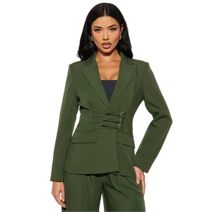 Elegant Women's Belted Blazer Lapel Collar Long Sleeve Suit Shoulder Pads Pocket Flaps Detail-Solid Office for Office Lady