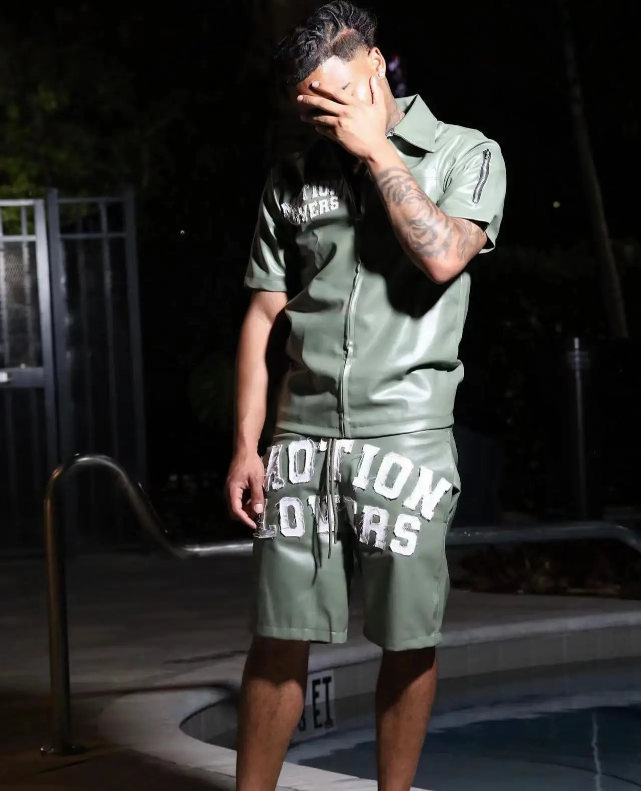 Custom Mens Zip up Pu Lapel Jacket Shorts Set Patches Embroidery Leather Short Sleeve Jacket and Sweat Shorts Set for Men gallery 3