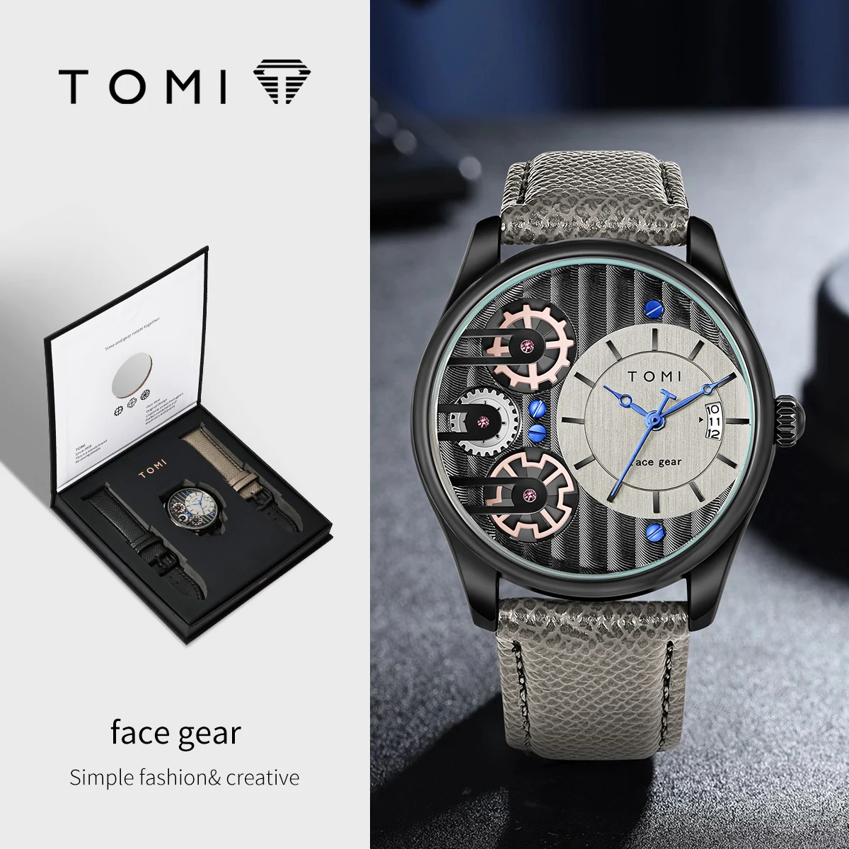 TOMI Men's Business Watch Set with 22mm Leather Band, 42mm Alloy
