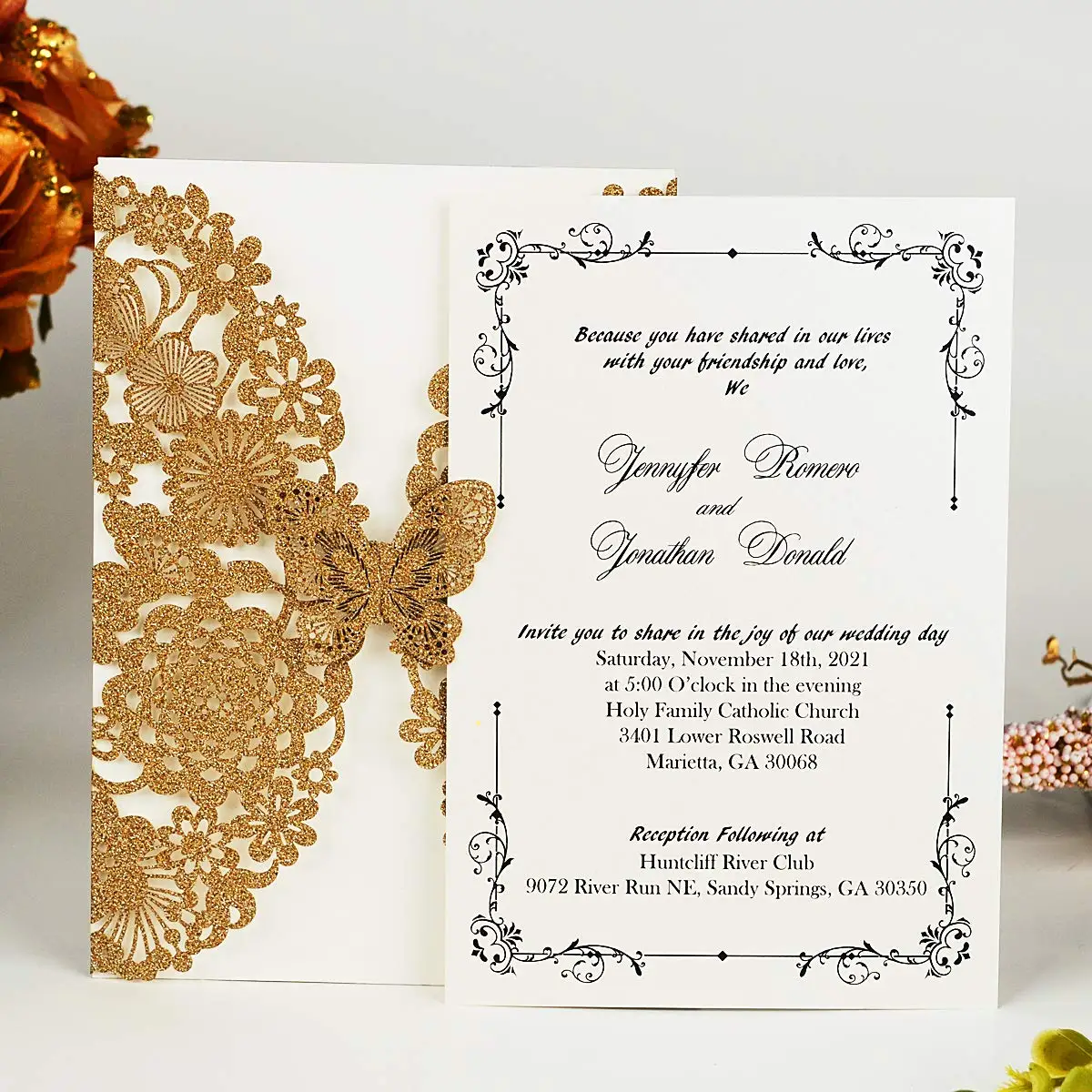 Горячая Распродажа Золотой блестящий бабочка в твердом переплете Роскошная лазерная резка на заказ свадебное приглашение