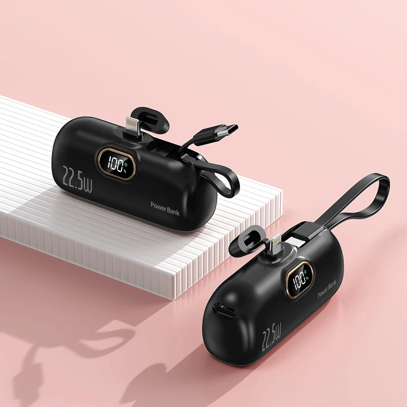 2 in 1 Mini Capsule Power Bank 5000mah10W 22.5W LED Display Built-in Cables Emergency Battery Portable Charger with Hanging Rope