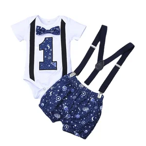 2021 Summer Boy Clothes 1 Year Birthday Outfits Cartoon Gentleman Tie Romper Straps Shorts 2PCS Toddler Baby Clothing Sets