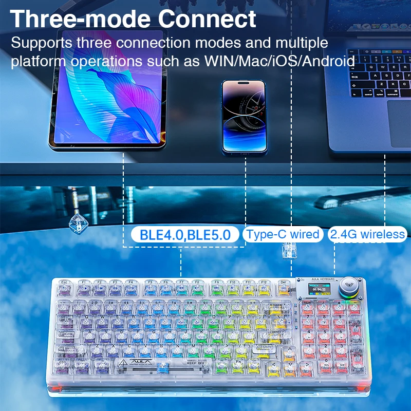 AULA F98PRO Custom PBT Wireless RGB Blue Backlit Keyboard
