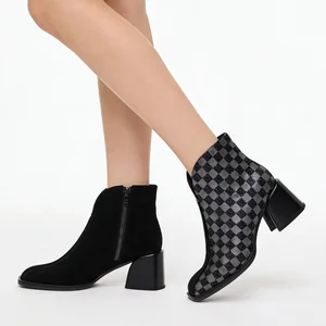 Women's Korean Black & Gray Checkered Snake-Pattern Ankle Boots-Summer/Autumn Zip Closure Chunky Heel Square-Toe Footwear