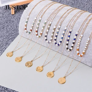 Stainless Steel Sweater Double Layer Jewelry 18K Gold Silver Plated Black Agate Beaded Pendant Necklaces for Women