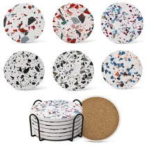 Natural  Custom Cup Anti Slip Mats Absorbent Coasters with Holder by Marble Cork Base