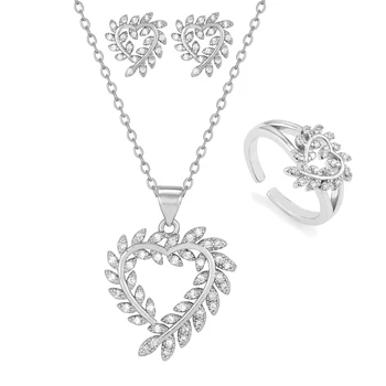 Luxury 3-Piece Women's Elegant Silver Plated Flower Zirconia Bridal Set-Earrings Pendant Ring for Wedding Occasions Made Brass
