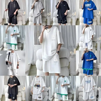 Waffle Casual Sports Suit for Men Summer Loose Plus Size Youth Ice Silk Short-sleeved Shorts 2-piece Set Wholesale