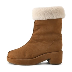 Women Tan Suede Shearling Lined Platform Ankle Boots Warm Cozy Autumn Winter Casual Outdoor Essential Shoes Wholesale OEM ODM