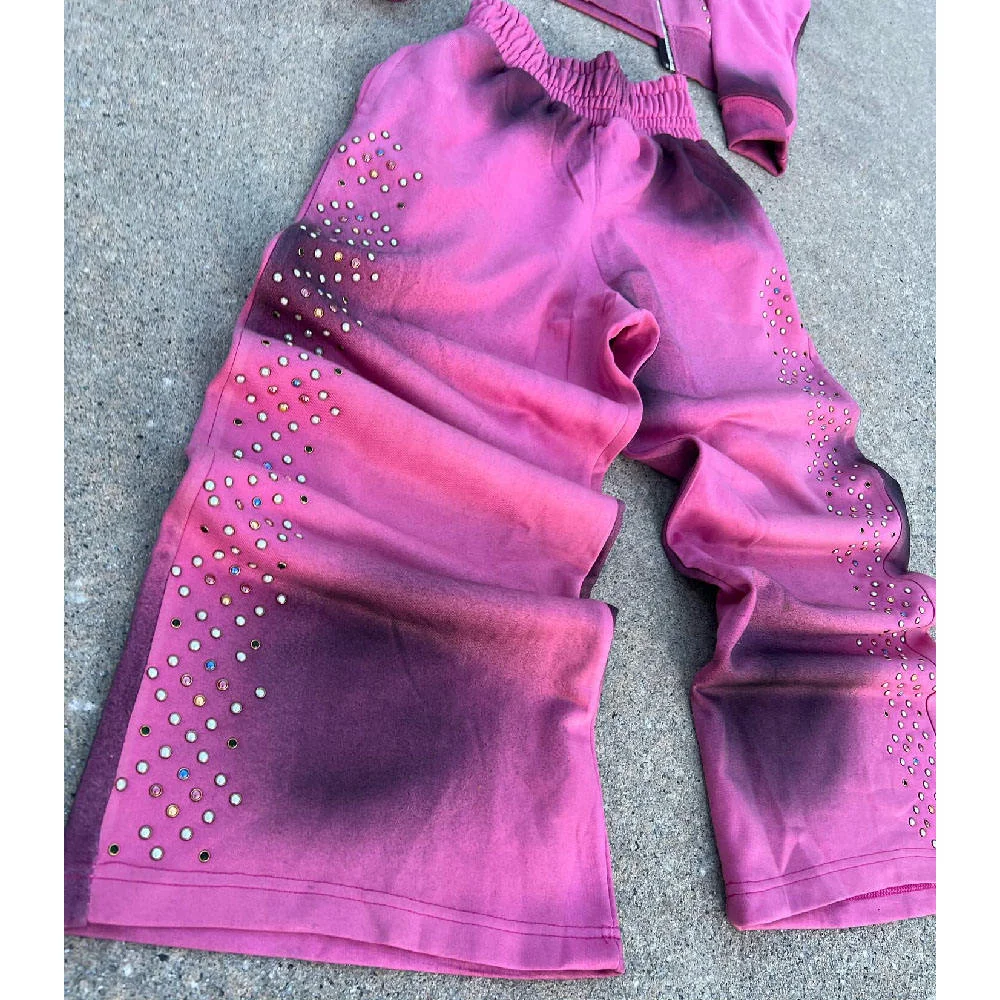 Custom 3 Zipper Sun Faded Washed Oil Washed Vintage Tracksuit Men Rhinestone Streetwear Silk Screen Printing Sweatsuit gallery 4