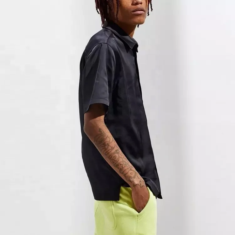 JL121R Men’s Polo Manufacturers Black Streetwear Short Sleeve Button up Casual Silk Satin Man Solid Color Shirt