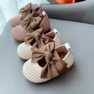 1-3 Years Baby Princess Shoes Girl Knitted Fabric Soft Bottom Mary Jane Style Toddler Girl Shoes With Big Bow