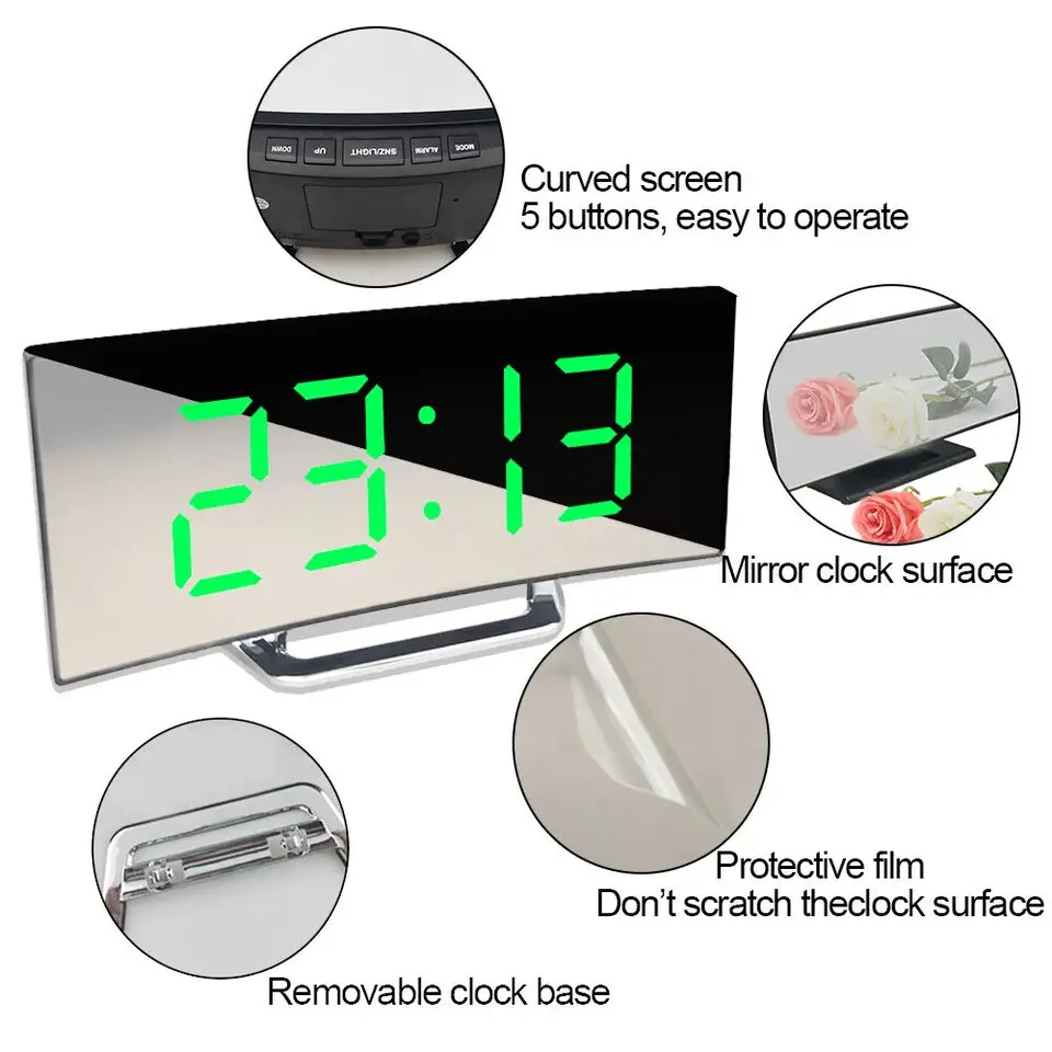 Smart Led Alarm Clock Cute Mirror Electronic Calendar Digital Standing Desktop Clock for Living Room Bedroom Home Office Decor