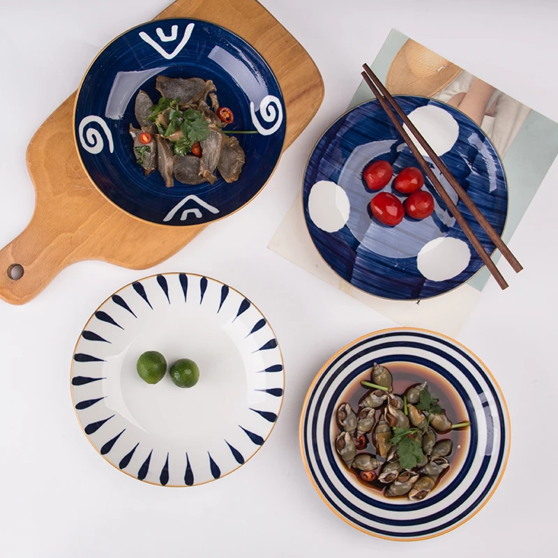8 Inch Disposable Eco-Friendly Ceramic Japanese Style Design Mixing Hand Painted Ramen Rice Soup Bowl Plate Noodle Set